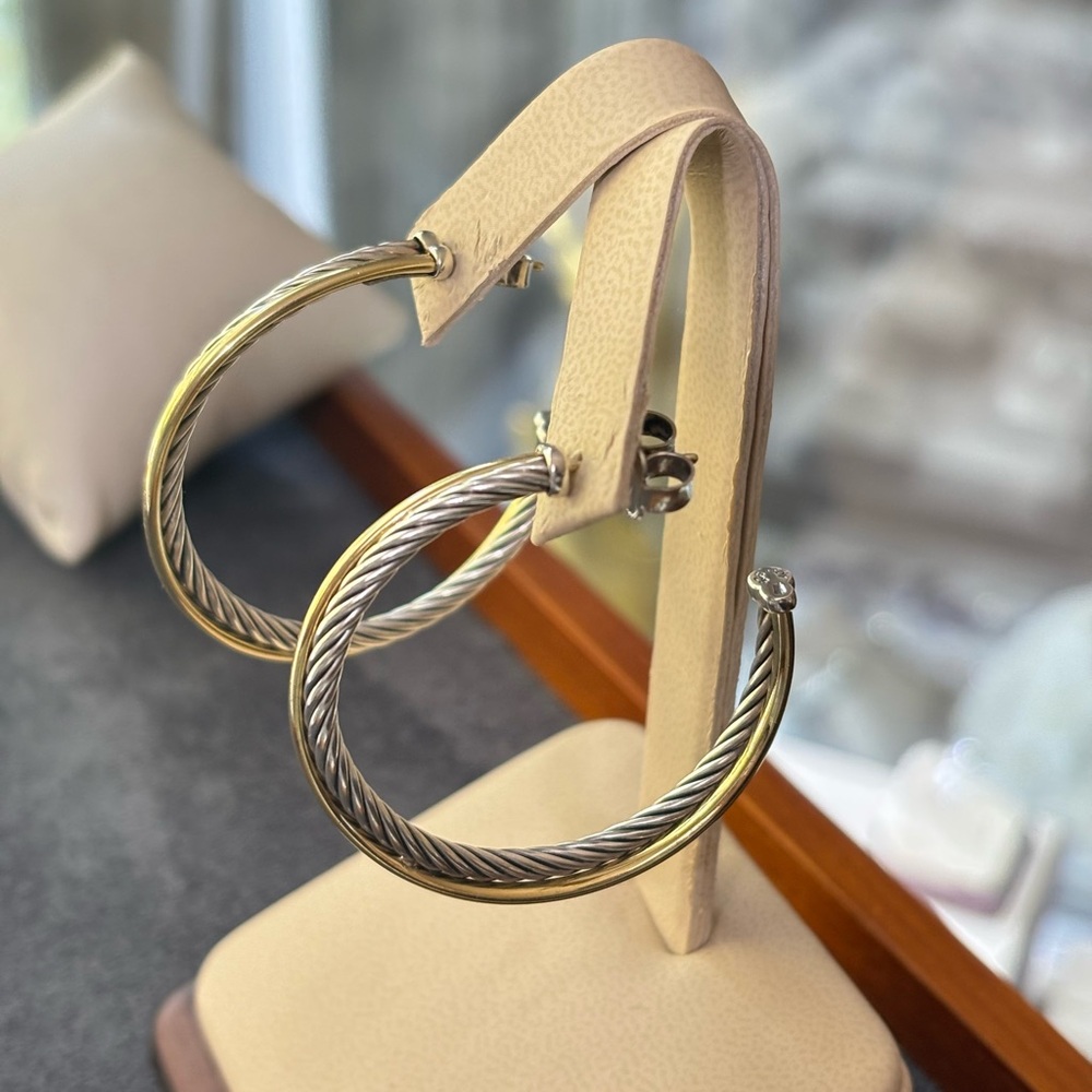 David Yurman 925 & 18k Gold Crossover Cable Hoop Earrings 1.75" - Picture 3 of 8